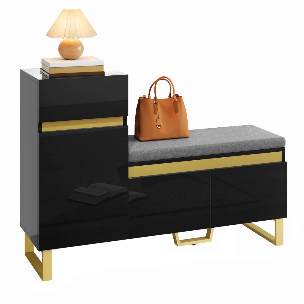 Mobile Porta Scarpe con 2 Ante e 1 Cassetto; Panca Porta Scarpe con Cuscino; Finitura Lucida; in MDF; Nero; 120×35×85 cm