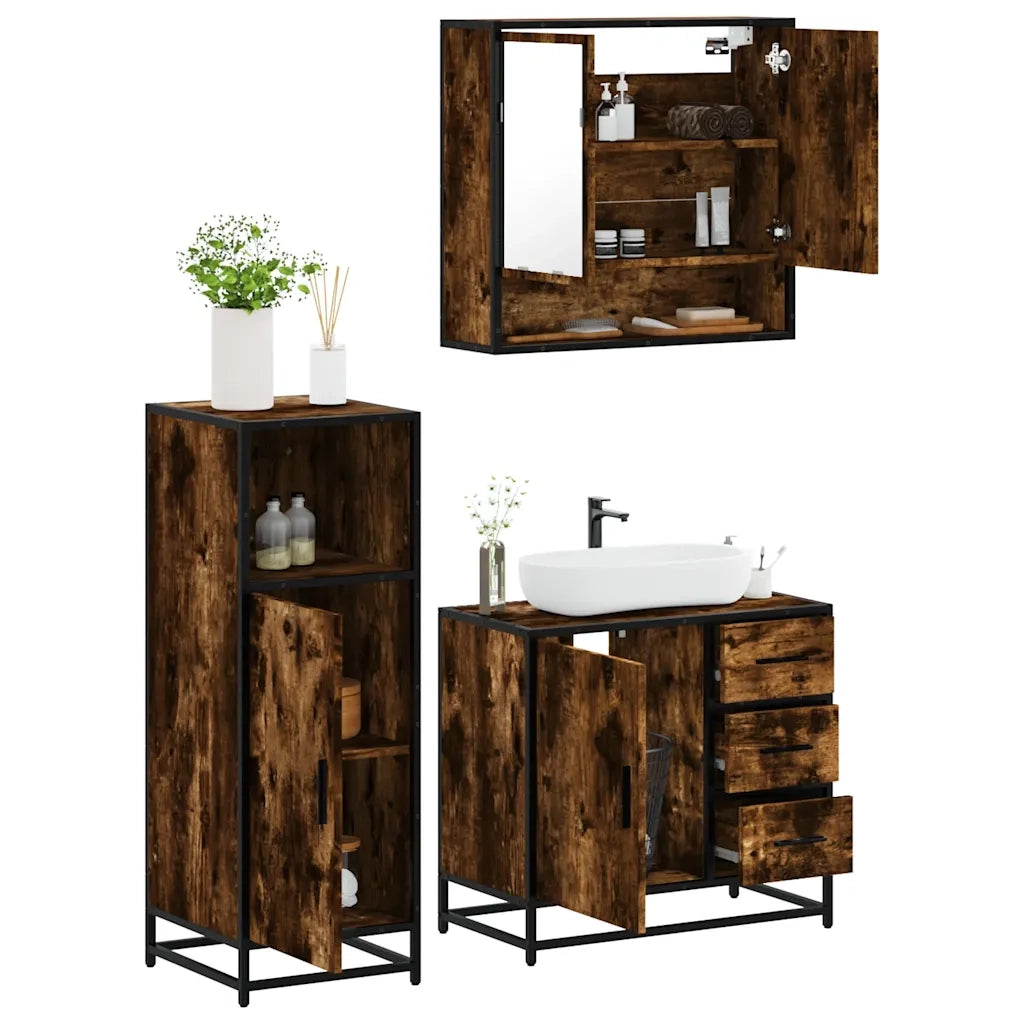 Set Mobili da Bagno 3 pz Rovere Fumo in Legno Multistrato