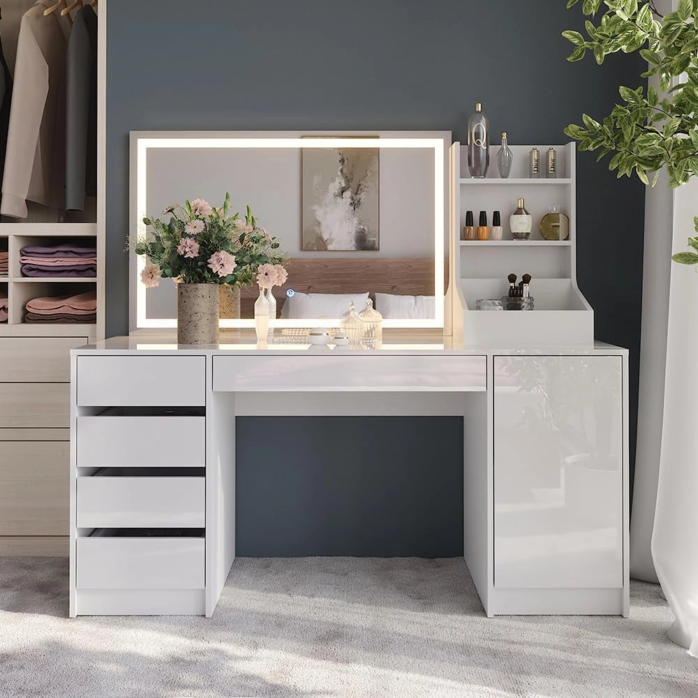Tavolo da toeletta Sherry, Bianco/bianco lucido, 158.2 cm 3 parti