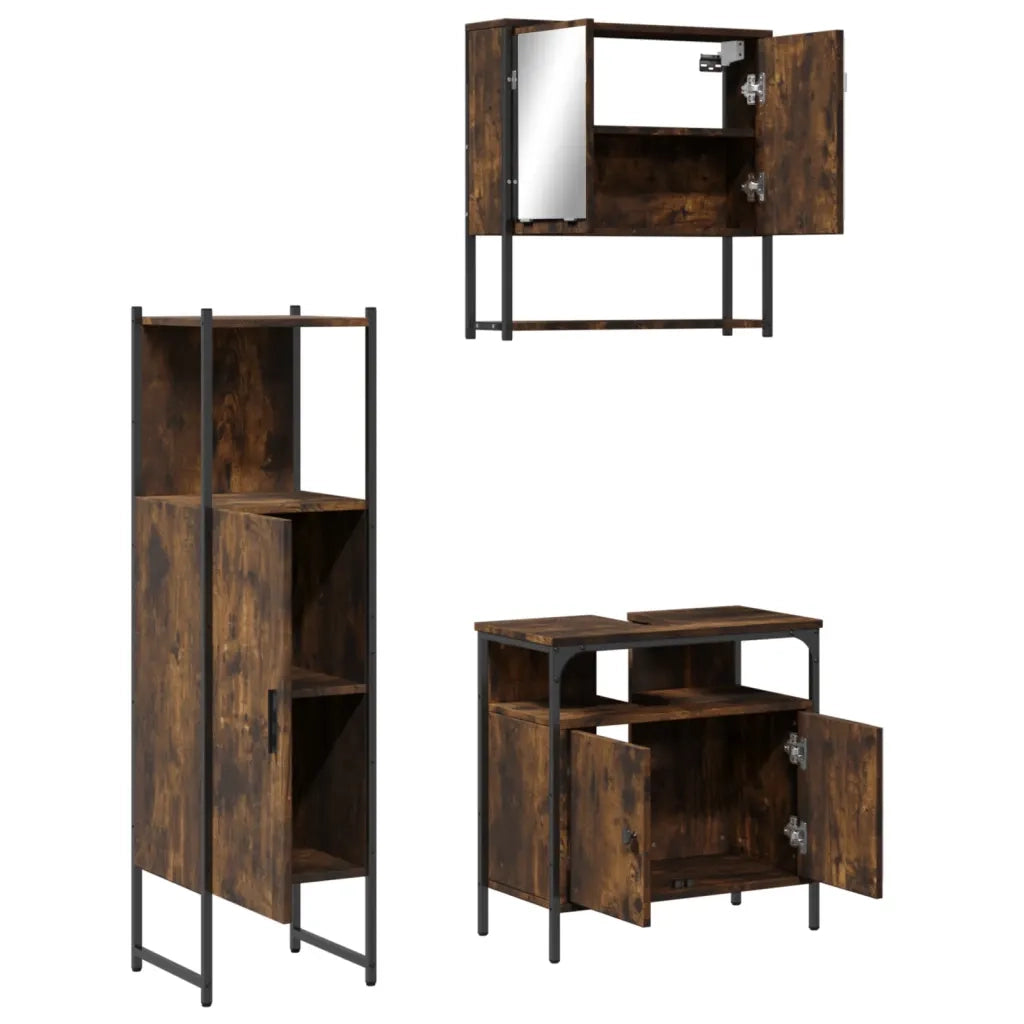 Set Mobili da Bagno | Armadio da bagno 3 pz Rovere Fumo in Legno Multistrato