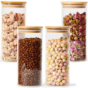 Set di 4 contenitori in vetro borosilicato alto con coperchi in bambù naturale a tenuta di aria, contenitore di conservazione decorativo per alimenti per cucina domestica (900 ml)
