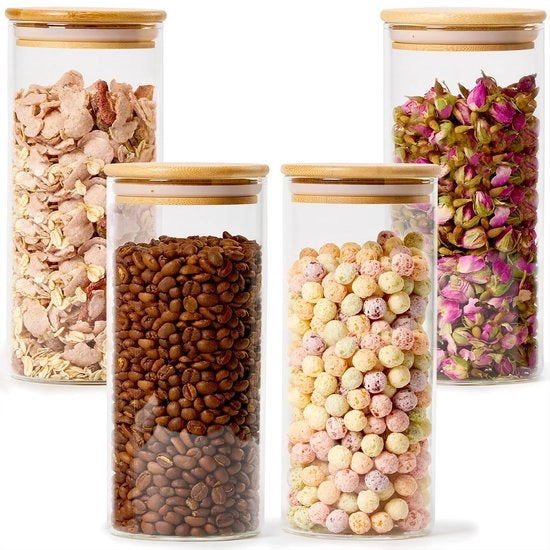 Set di 4 contenitori in vetro borosilicato alto con coperchi in bambù naturale a tenuta di aria, contenitore di conservazione decorativo per alimenti per cucina domestica (900 ml)