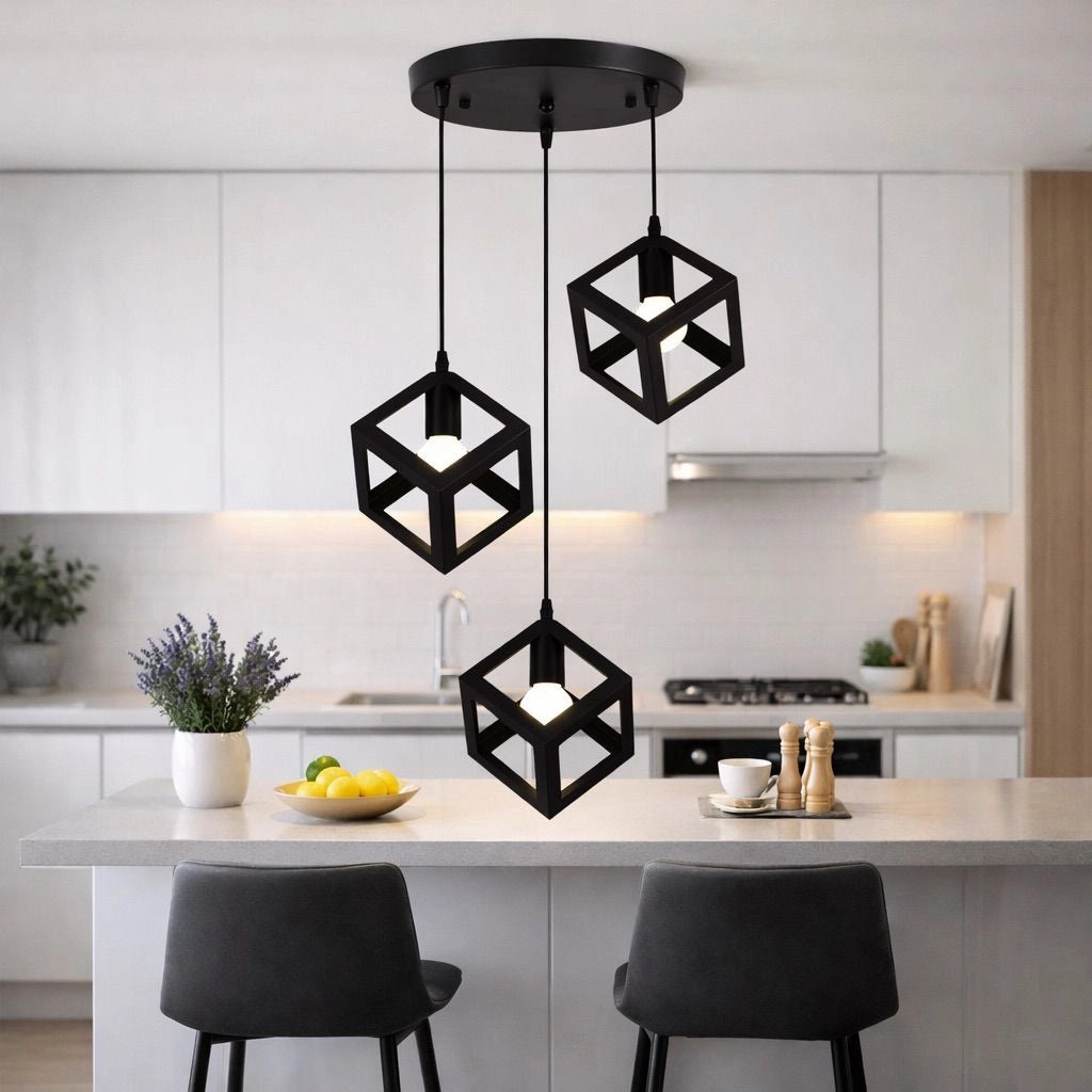 Lampadario Moderno a Sospensione Nero 3 Cubi Geometrici Design Minimal Attacco E27 Lampada Soffitto Regolabile per Cucina Soggiorno Sala da Pranzo