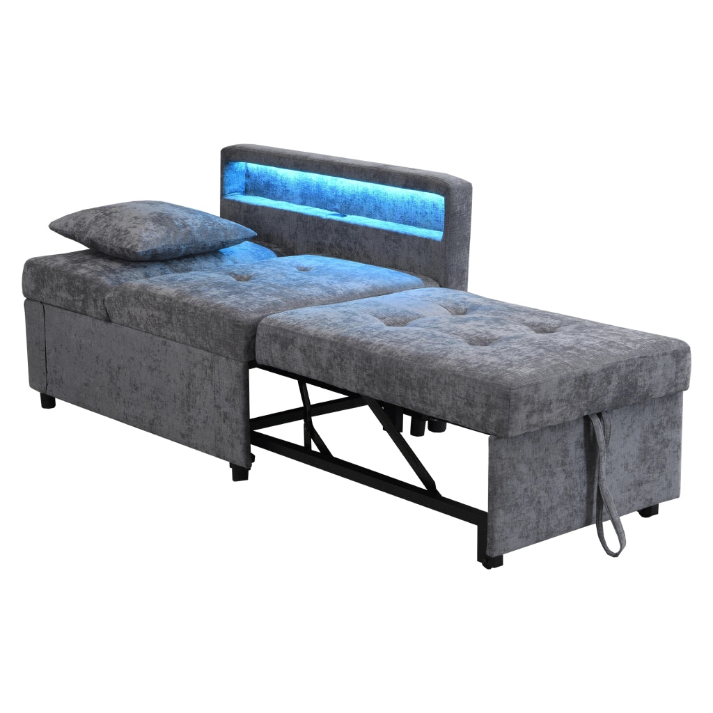 Divano letto 3 in 1 effetto lino, schienale 5 posizioni, USB/Type-C e LED, grigio chiaro