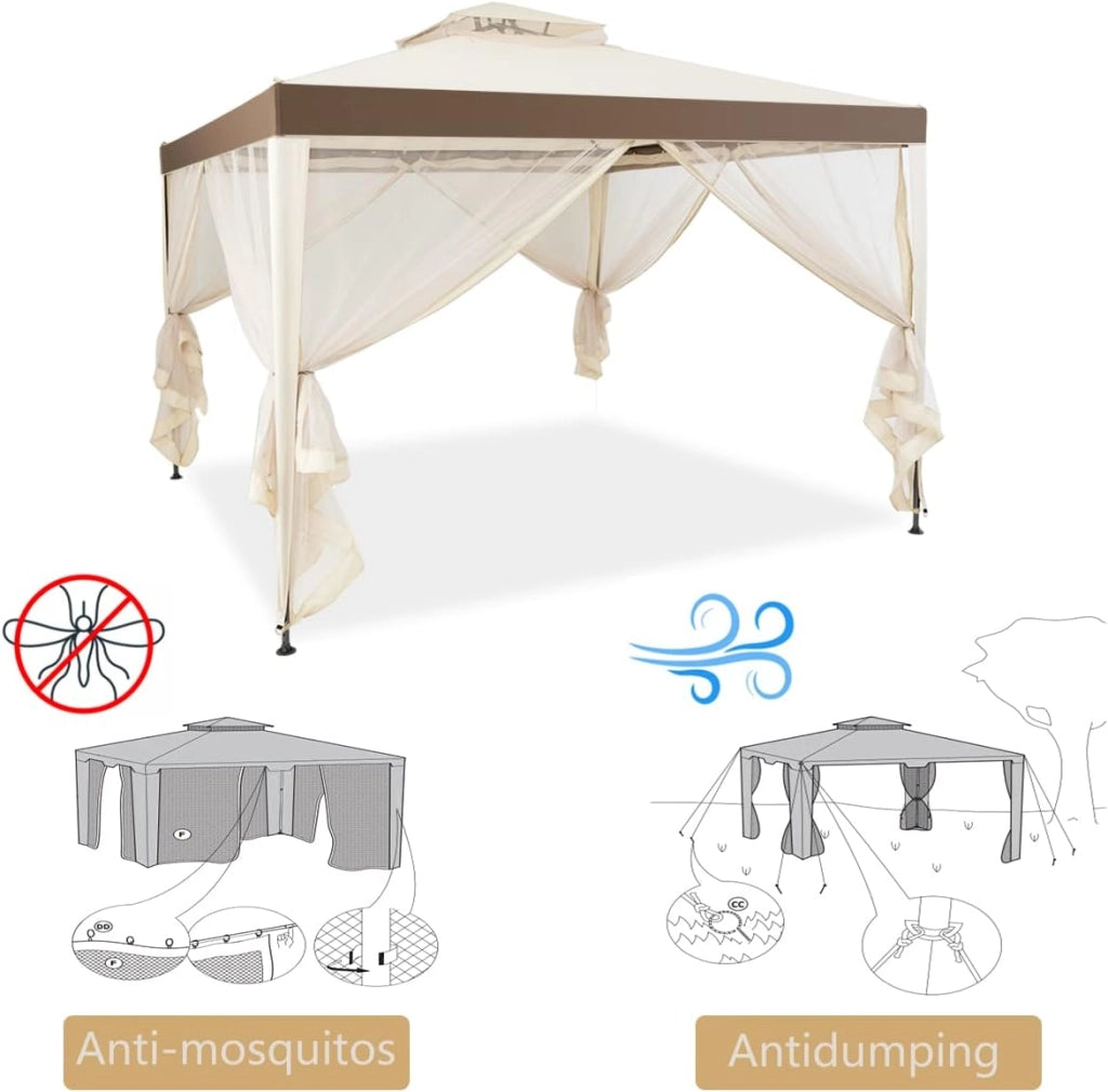 3 x 3M Gazebo da Giardino, con Tetto e Tende di Struttura in Acciaio, 4 Tende Laterali, Ventilazione e Zanzariere, Traspirante e Comodo per Parco/Giardino/Balcone, 2 Colori (beige)