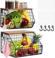 Set per fruita appeso da muro da 2 - Organizzatore per angolo cucina - Nero con coperchio in legno - Contenitore per patate e snack