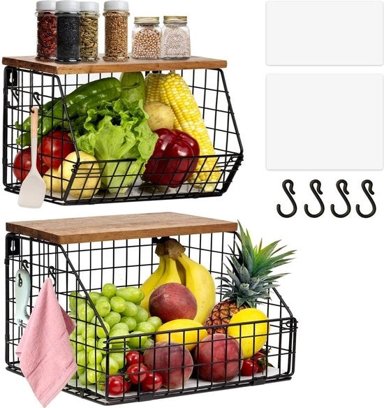 Set per fruita appeso da muro da 2 - Organizzatore per angolo cucina - Nero con coperchio in legno - Contenitore per patate e snack