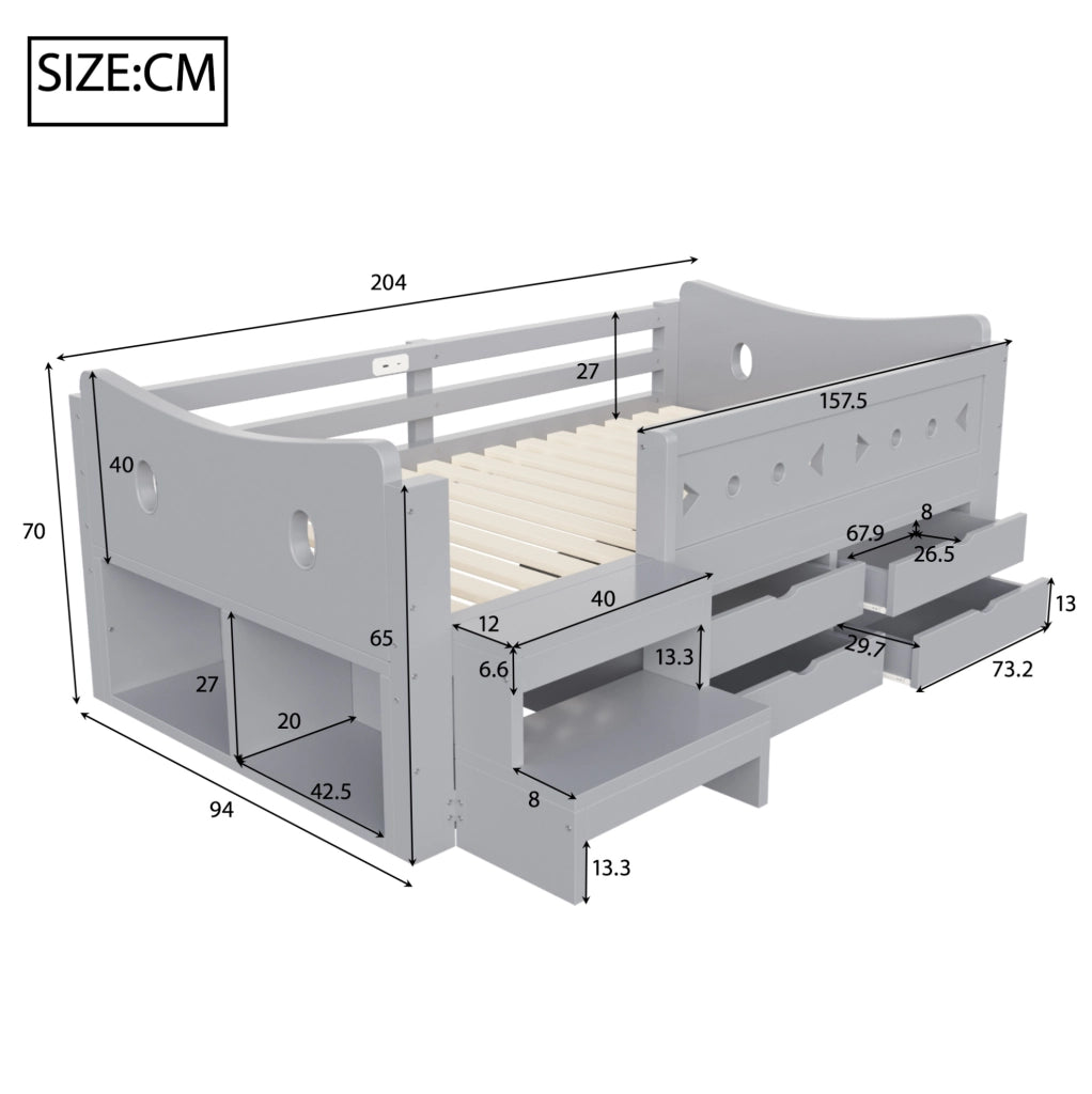 Letto singolo per bambini 90x200 cm in legno grigio con contenitore; LED e porte USB