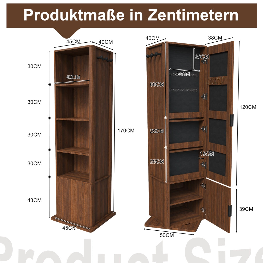 Armadio portagioie girevole 360° con specchio a figura intera; 50x50x170 cm; MDF; Walnut