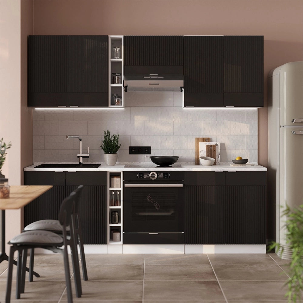 Cucina componibile Fame-Line Nero rigato/Bianco 235 cm, PL Rovere Vicco