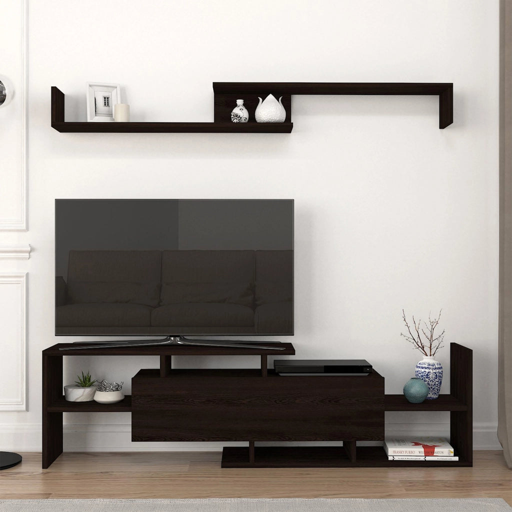 Set Liksefte di Mobile Porta TV e Mensola da Parete - Nero [en.casa]