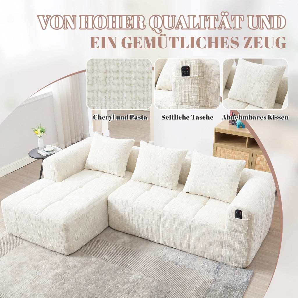 OKWISH Divano Angolare 3 Posti, Composizione Modulare senza Montaggio con Penisola, 3 Cuscini, Ciniglia Beige