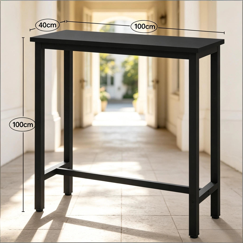 Tavolo da bar in metallo e legno con struttura stabile, stile industriale, per cucina e soggiorno, nero, 40 × 100 × 100 cm