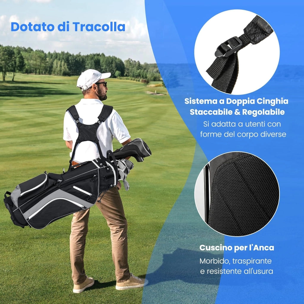 Sacca per Mazze da Golf, Borsa da Golf con Supporto, Divisori a 14 Vie, 6 Tasche, Borsa Frigo, Doppia Tracolla e Cappuccio Antipioggia, Ideale per Uomini e Donne