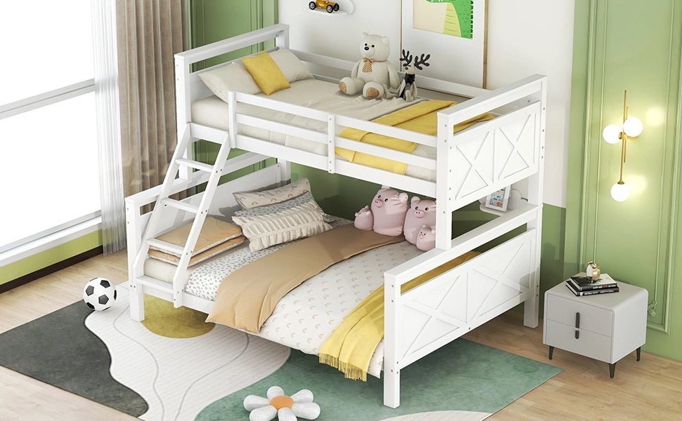 Letto a castello con scala e parapetto in pino bianco 90x200cm
