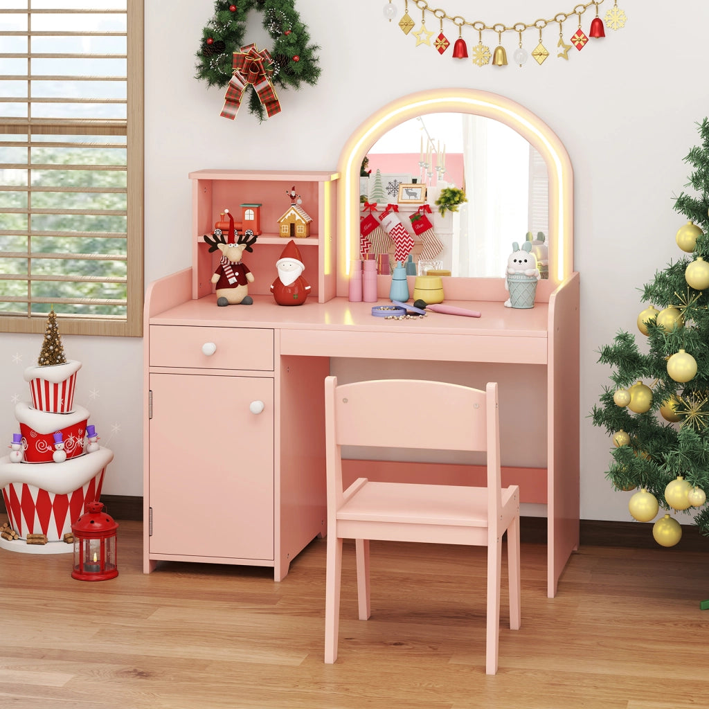 Set tavolo da trucco per bambini con sedia mensole cassetto e anta-Toeletta da trucco in legno con luci LED Oro rosa