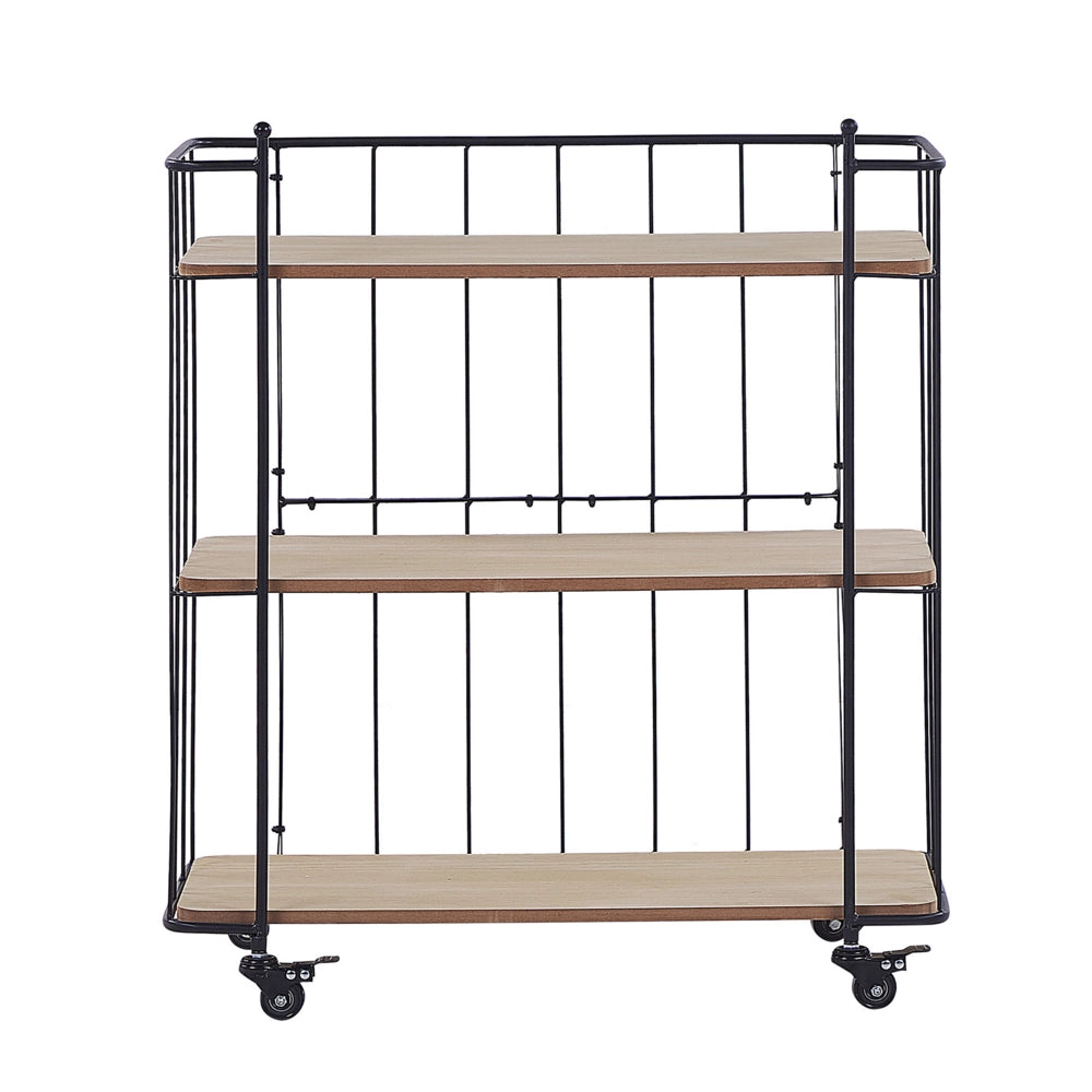 Carrello da Cucina in Metallo Nero 81 cm Costruzione Mensole in Legno Chiaro con Ripiano e Ruote Industriale Rustico Moderno