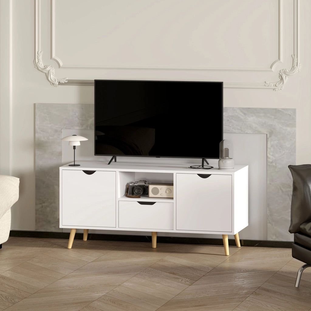 Mobile TV Max 50" con Cassetto, Ripiano Aperto e Armadietti 110x40x50 cm Bianco e Legno