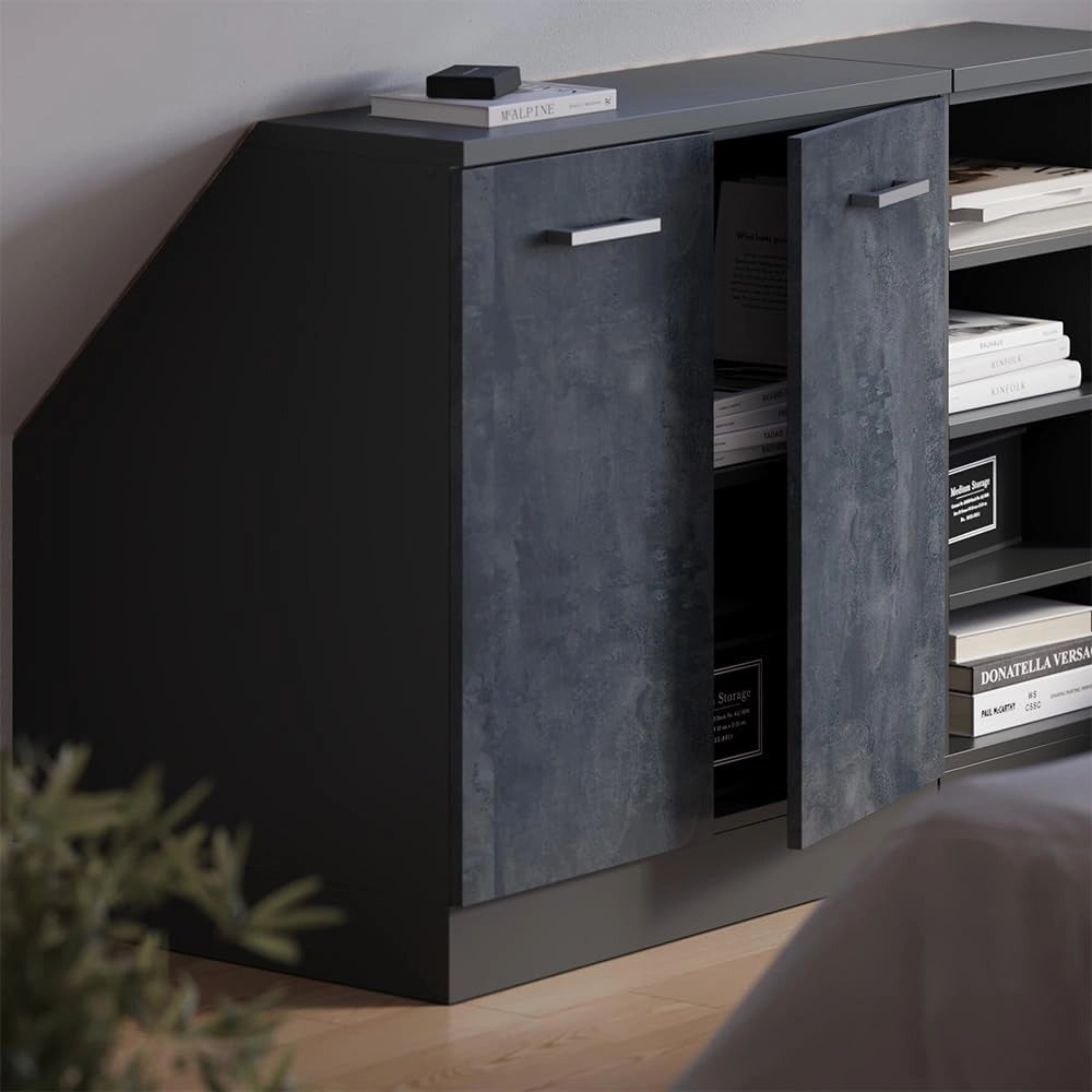 Mobile sottotetto Rion, Calcestruzzo nero, 80 x 81.6 cm con 2 porte, carcassa 60 cm profondità, adatto per il salvaspazio sotto tetti spioventi