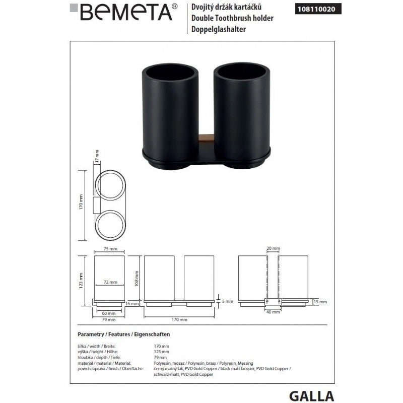 Portabicchieri doppio GALLA in ottone nero e oro 17 x12,3 x7,9 cm