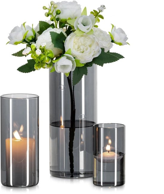 Set di vasi in vetro cilindrico grigio: 3 pezzi di vasi in vetro per decorazione di soggiorno vaso cilindrico in vetro - lanterna a forma di cilindro vaso a forma di cilindro in vetro per decorazione di tavolo tulipani pampas (10/15/20 cm)