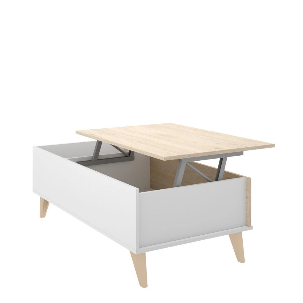 Tavolino da salotto Alexius, Porta riviste da soggiorno con vano portaoggetti, Tavolo basso da caffÒ¨ elevabile, 99x60h41 cm, Rovere e Bianco