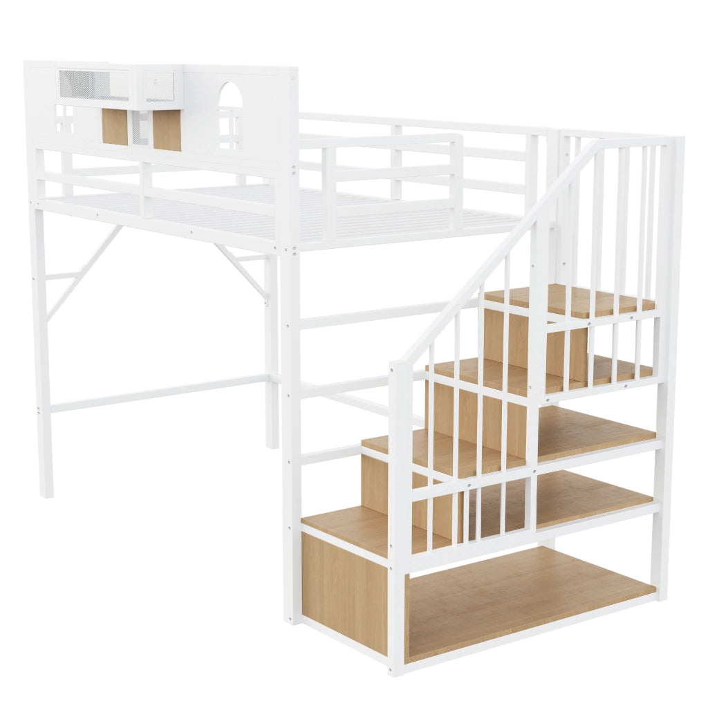 Letto a soppalco 90x200 cm con scala contenitore; finestra decorativa; mensola e LED; struttura in metallo bianco e legno