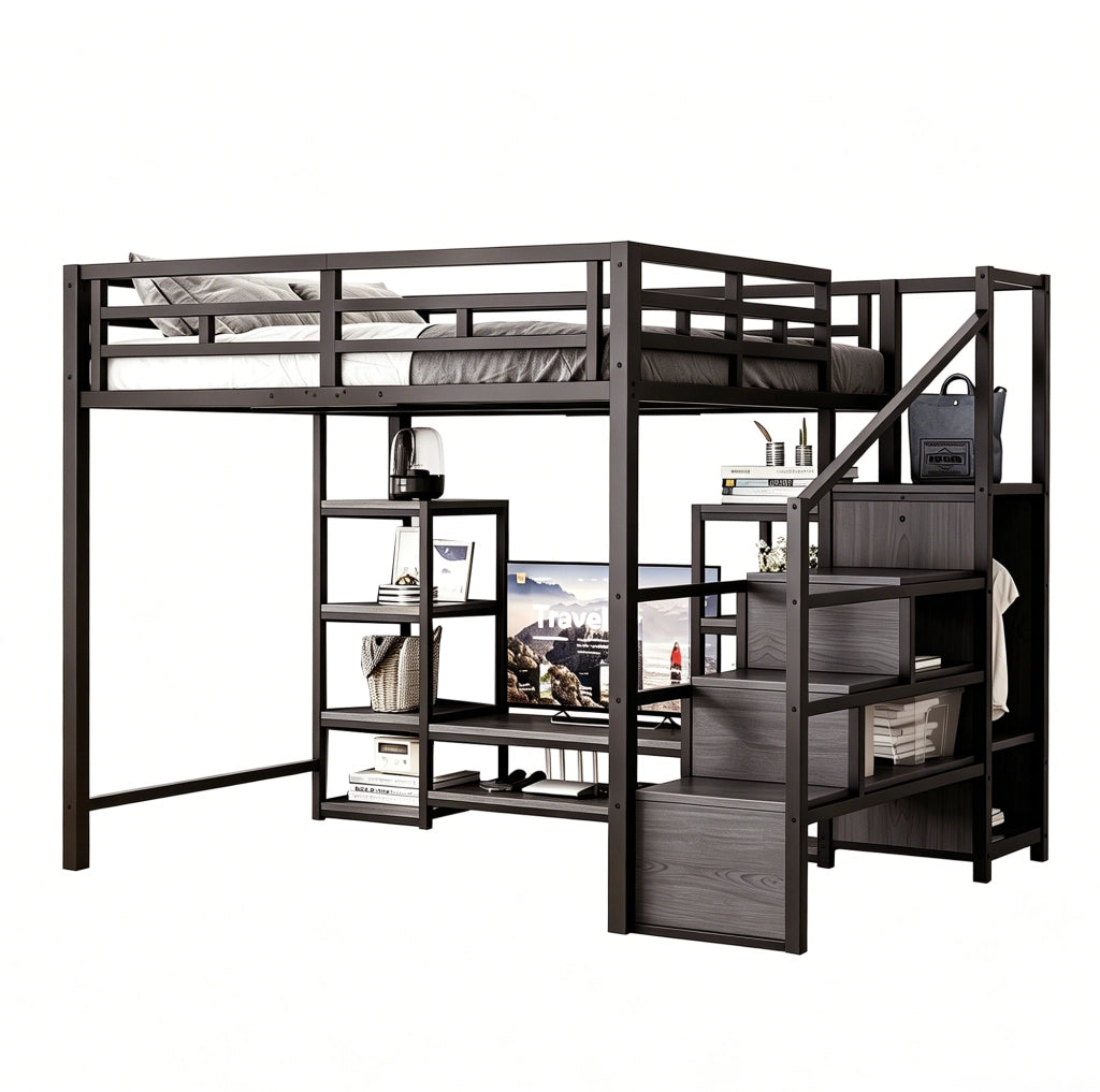 Letto a soppalco 140x200 cm con supporto TV e presa, nero