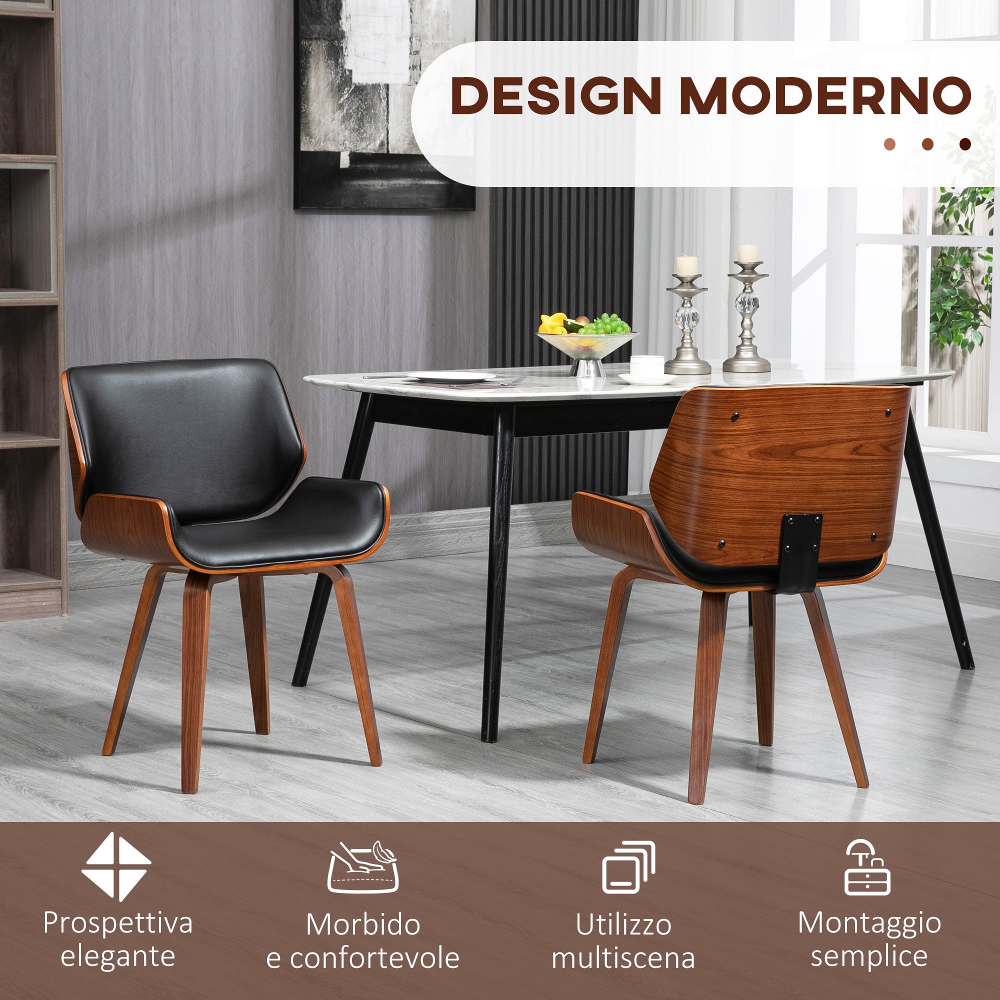 Set di 2 Sedie da Pranzo Stile Vintage Imbottite in Legno e Finta Pelle PU Nero e Marrone