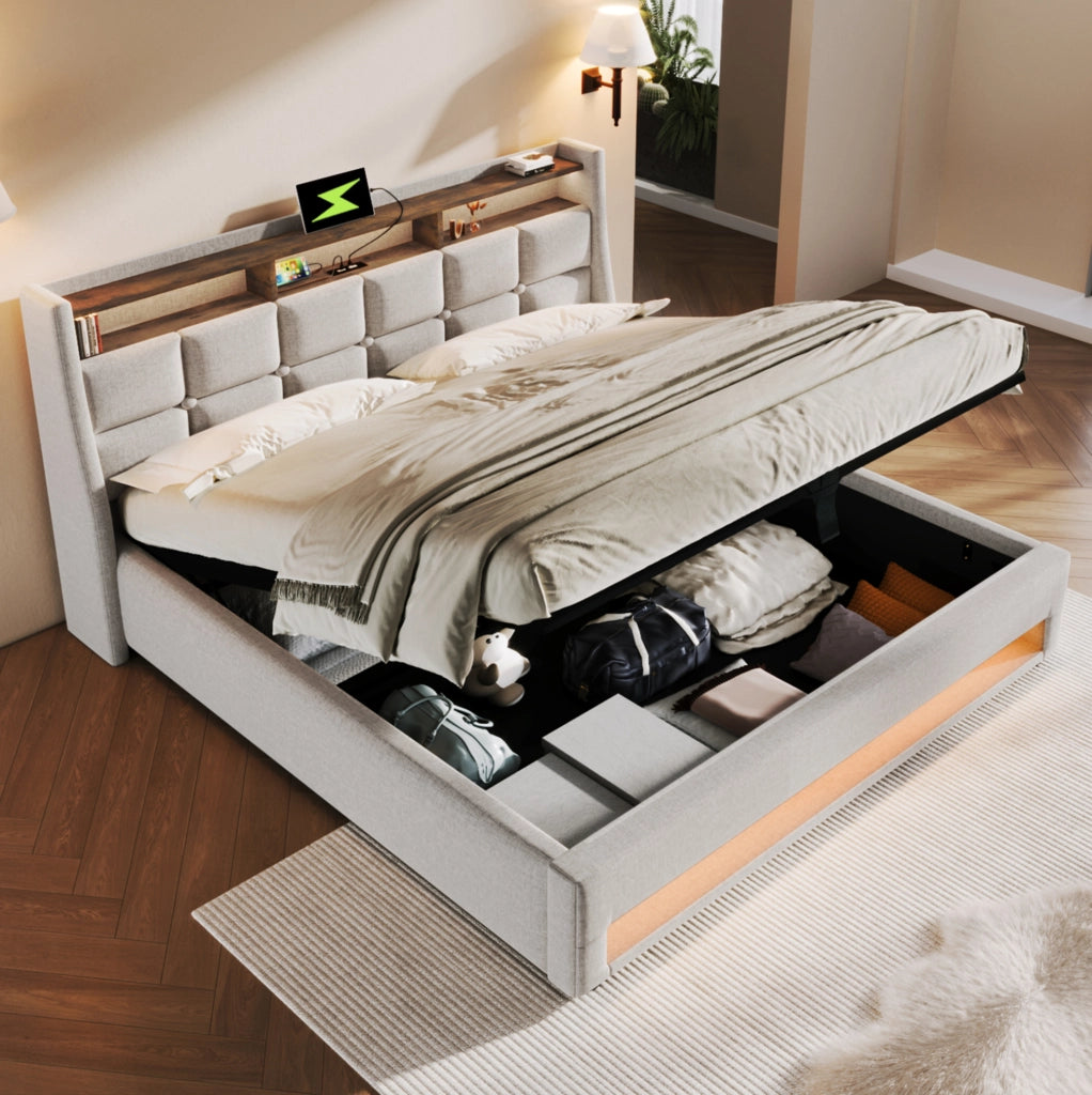 Letto imbottito 140x200 cm beige con LED, USB e vano contenitore
