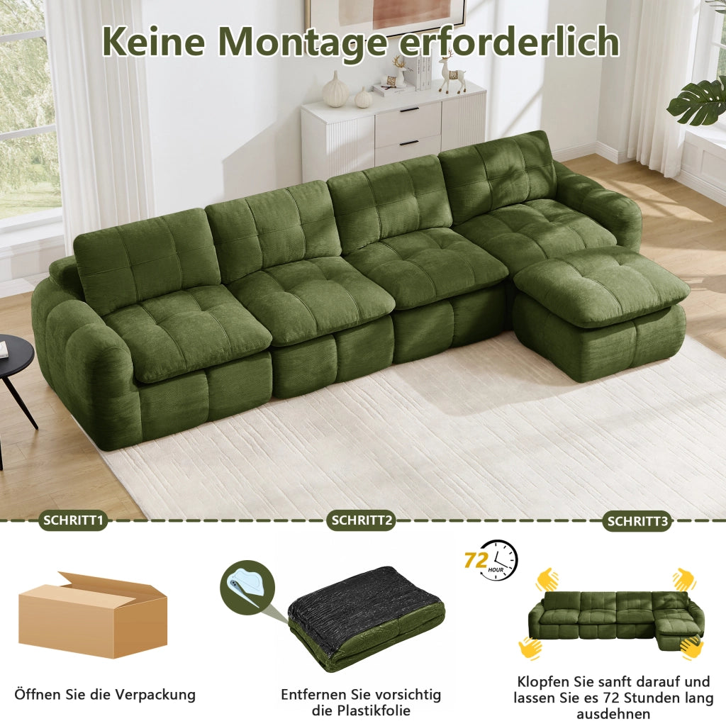 Divano modulare angolare 4 posti con pouf in chenille verde 334x160x68 cm