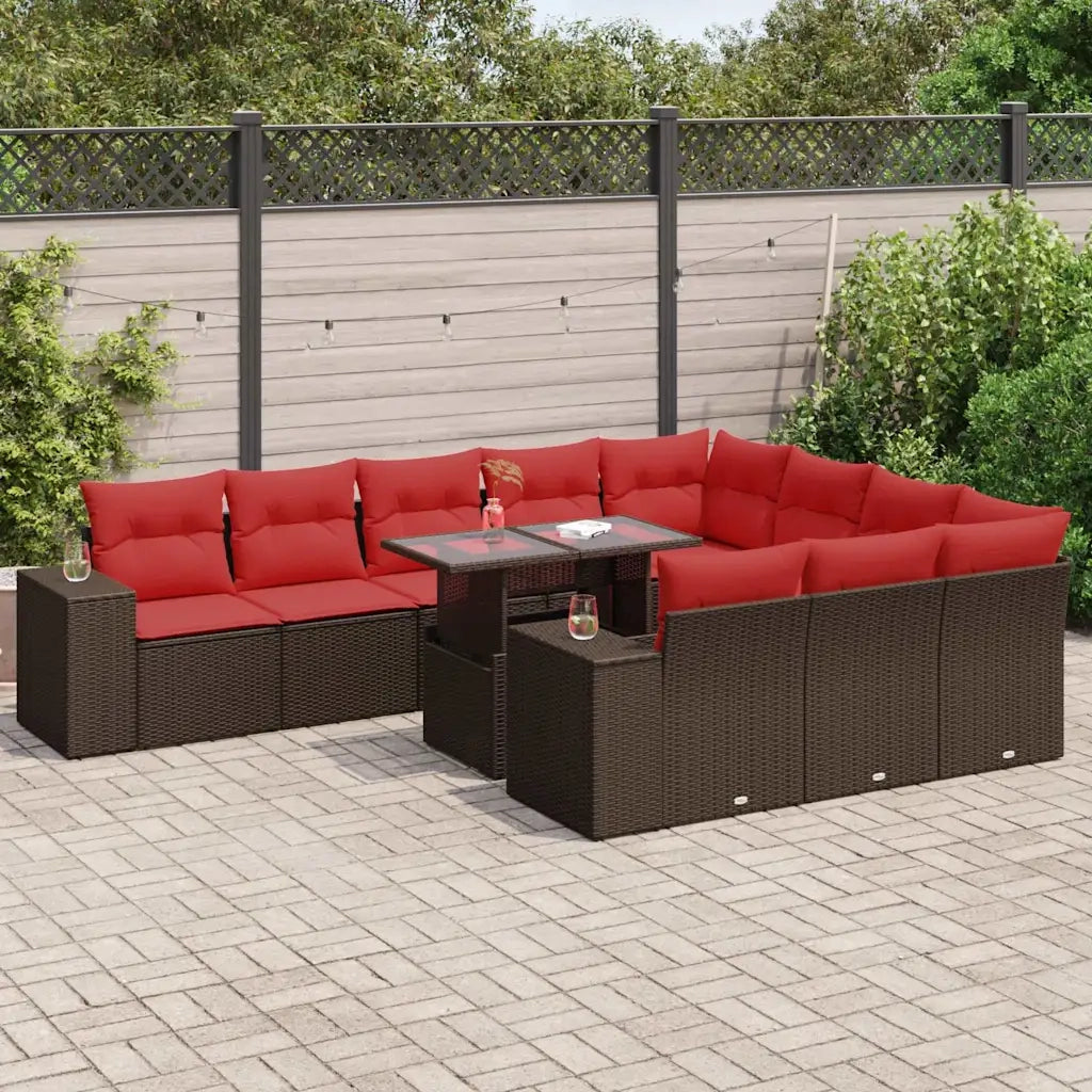 Set Divani Giardino 11 pz con Cuscini Polyrattan Marrone Acacia