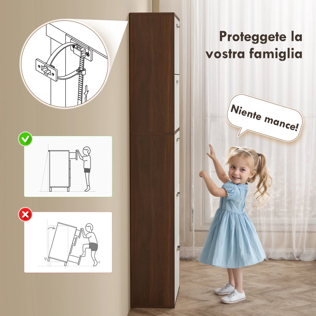 Scarpiera Slim a 5 Livelli con 2 Ripiani per Livello, in MDF, 60x28x189 cm, Bianco e Marrone