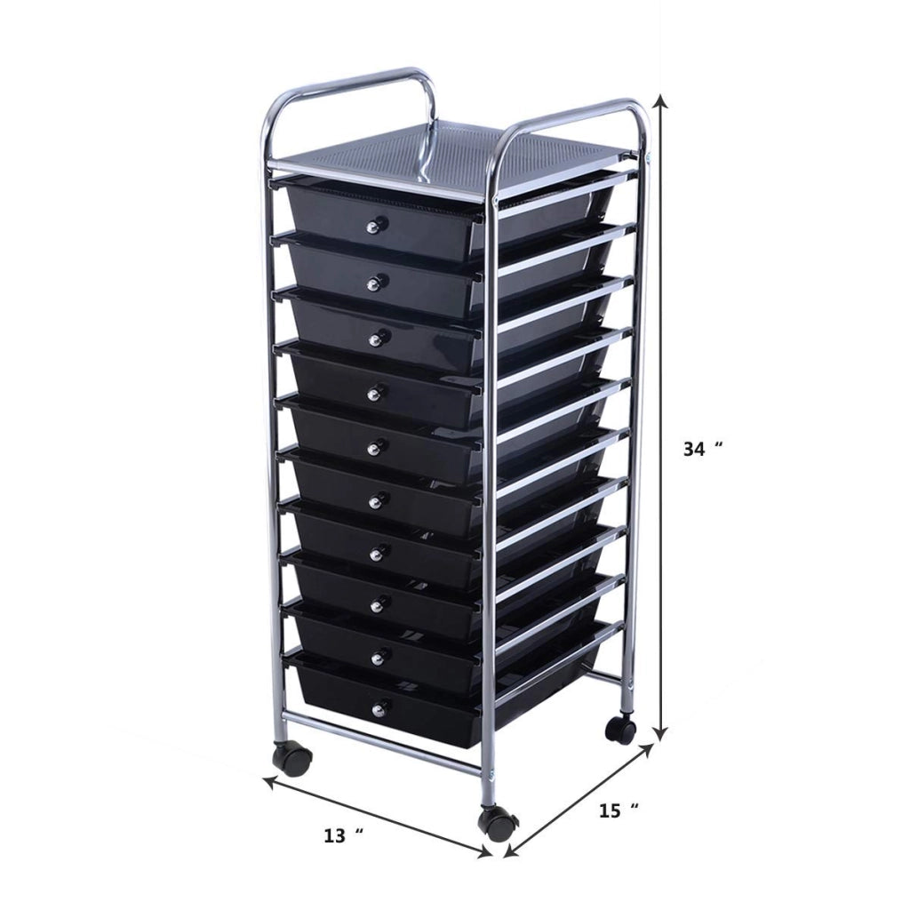 Carrello con 10 Cassetti da Stoccaggio Contenitore Multiuso con Ruote a Freno, per Casa e Ufficio, di Metallo e Plastica
