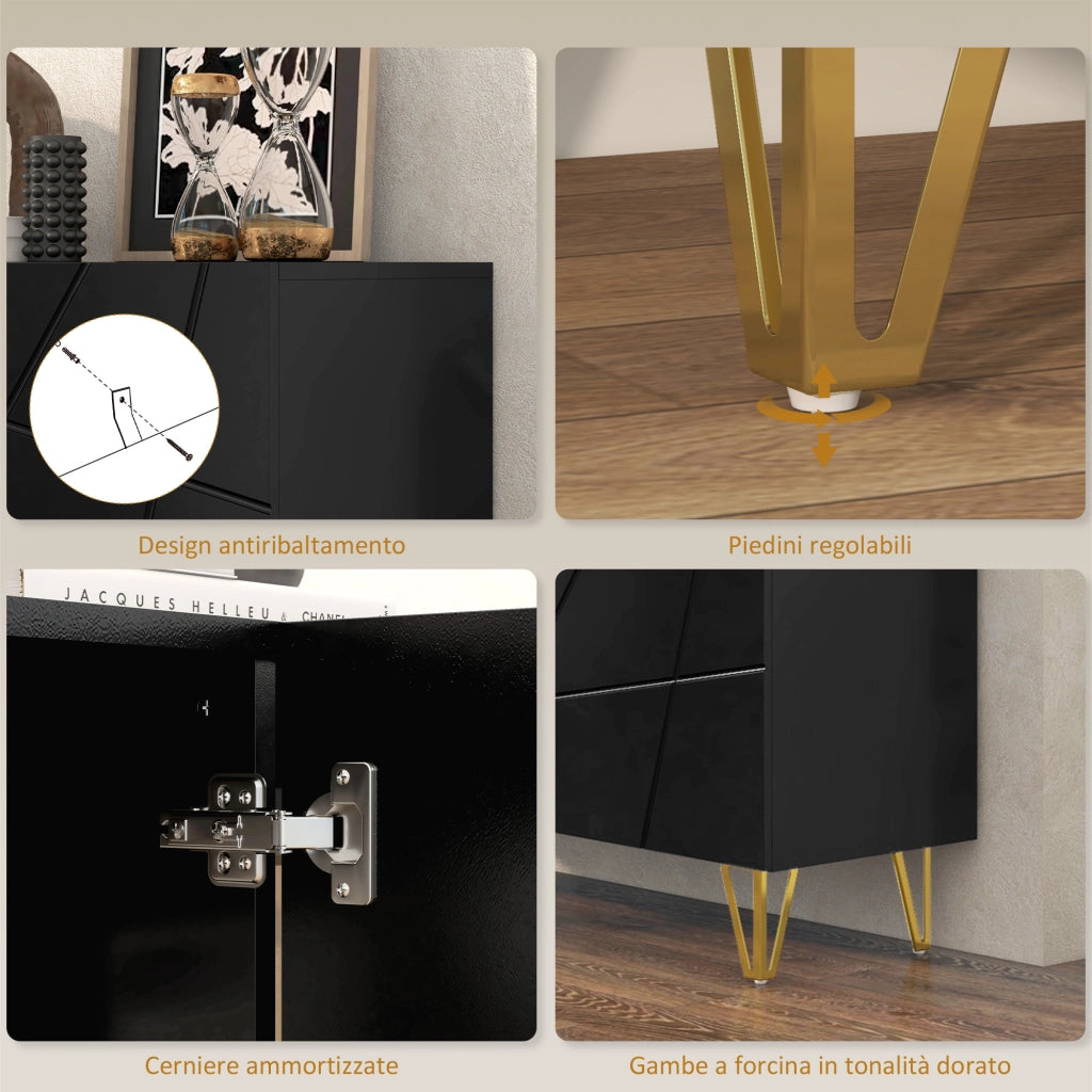 Mobile Contenitore con 2 Armadietti e Ripiano Regolabile, in Truciolato e Metallo, 120x40x75 cm, Nero e Oro