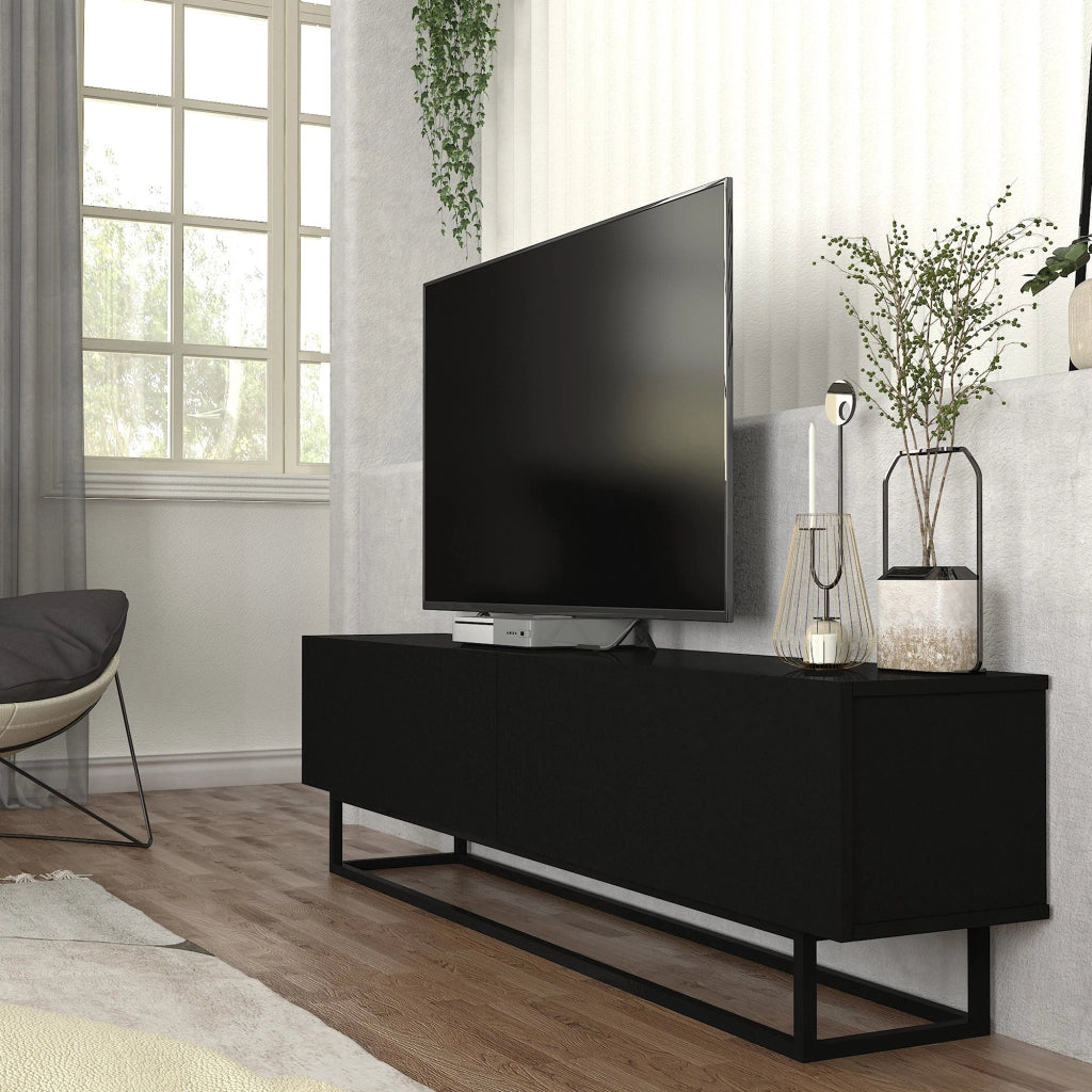 Mobile Porta TV Nolven a 2 Ante Ribalta e Telaio in Metallo 180x32x47 cm - Nero [en.casa]