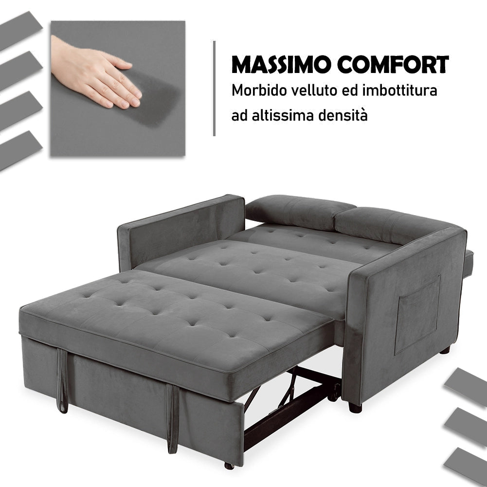 Divano Letto Due Posti in Velluto Premium con Imbottitura Alta Densità Grigio
