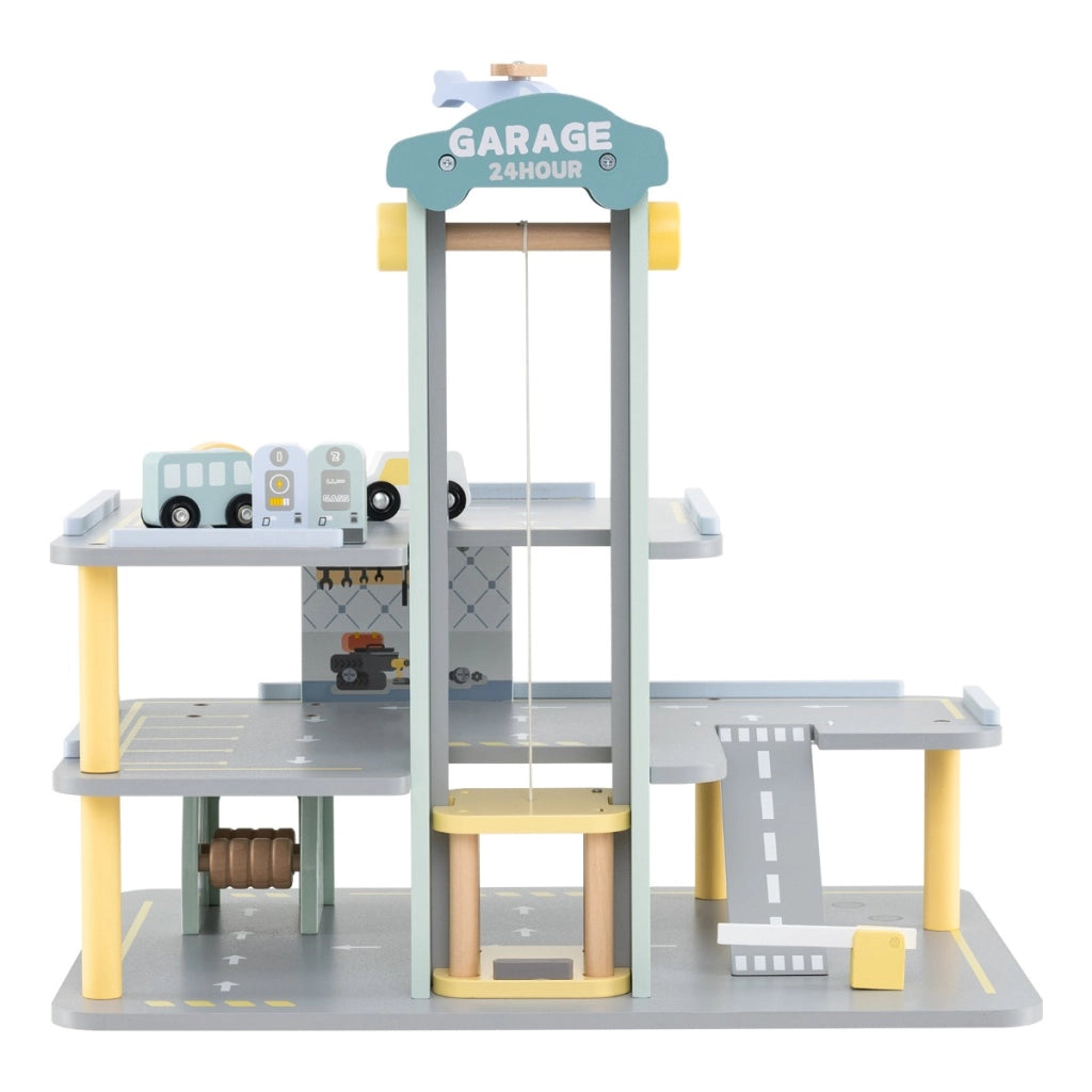 Set di gioco garage per parcheggio in legno a 3 strati con 4 auto elipista, Garage di giocattolo per 3+ anni Grigio-Case e cucine giocattoli