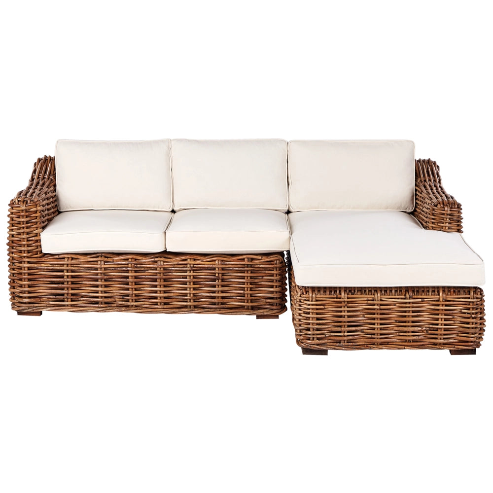 Divano da giardino in rattan naturale per esterni a 3 posti con cuscini bianchi in vimini, soggiorno tradizionale Boho