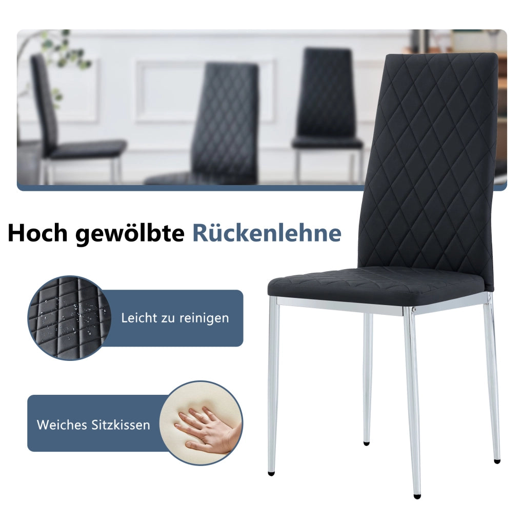 Sedia da Pranzo Set da 4 con Schienale Ergonomico e Gambe in Metallo Cromato, in PU Nero