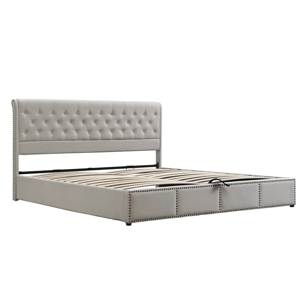 Letto imbottito in cotone e lino con contenitore, 160 x 200 cm, grigio chiaro, senza materasso