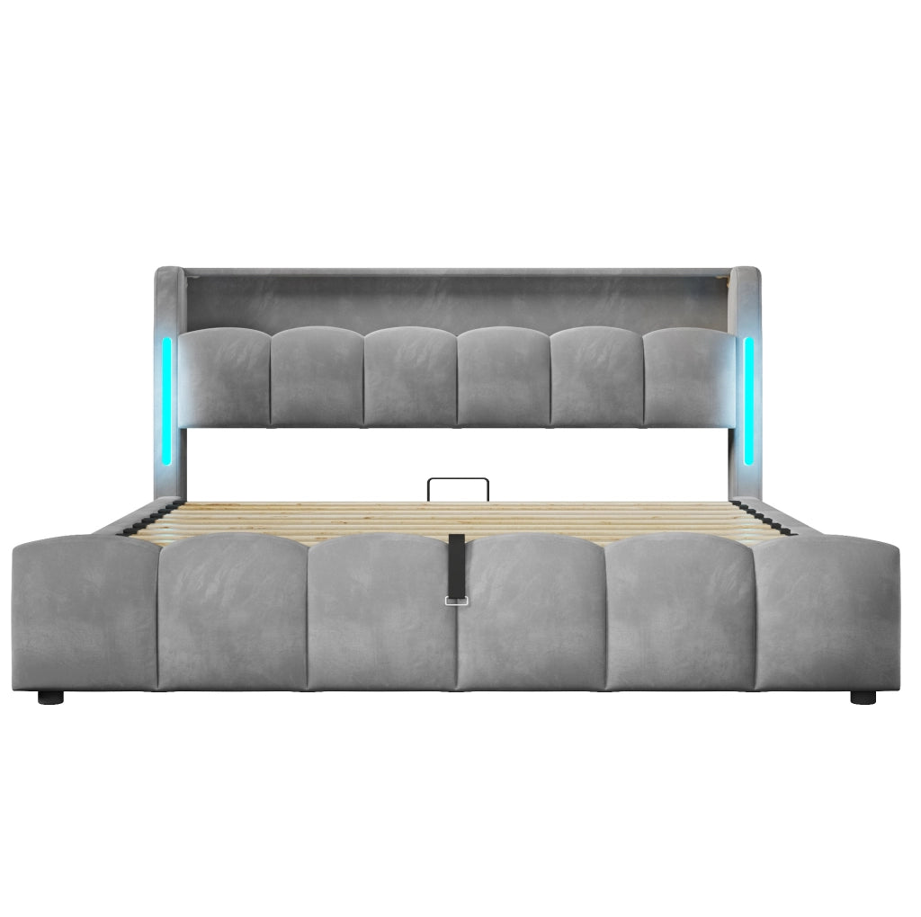Letto imbottito 180x200 cm con luci LED; contenitore idraulico e porte USB; velluto grigio