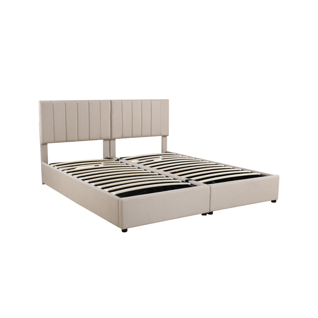 OKWISH Letto Contenitore 180×200 cm, Letto Matrimoniale con Contenitore Idraulico, Testiera Regolabile e Convertibile, senza Materasso, Beige