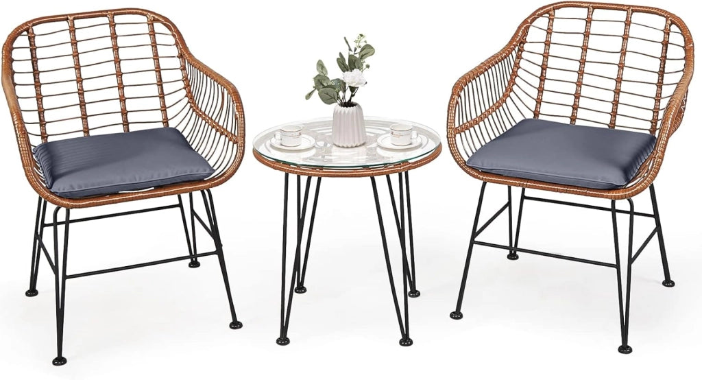 Set di 3 mobili da giardino in rattan, 2 sedie in rattan con cuscino e tavolino in vetro temperato, set da balcone per balcone, terrazza, giardino, marrone