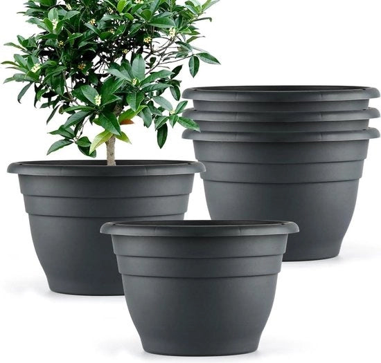 Set di 5 contenitori per piante in plastica - 25 cm - vasi rotondi per fiori - fori di drenaggio - spessi e robusti - vasi tradizionali per giardino - interni ed esterni - grigio scuro