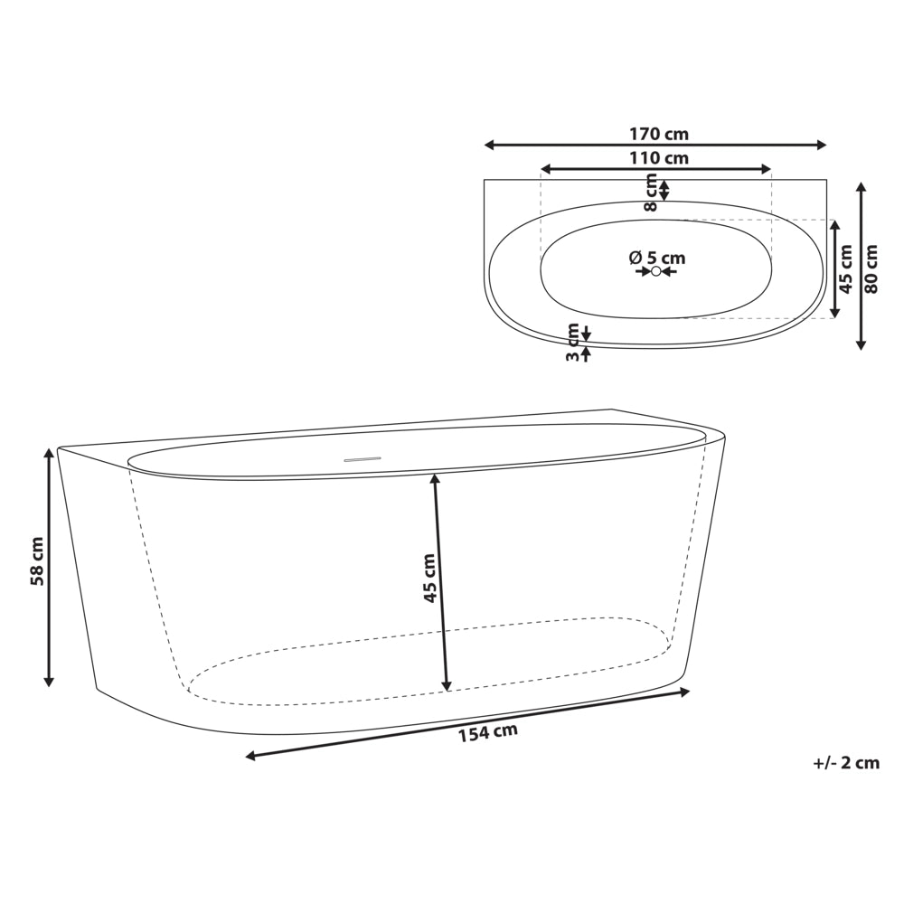 Vasca da bagno in acrilico ovale a filo parete 170 x 80 cm Bianca stile moderno