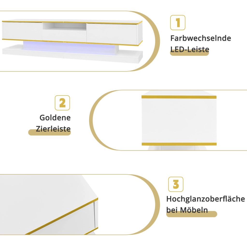 MOBILE TV 180x38x45 cm Bianco lucido con LED multicolore e 3 cassetti