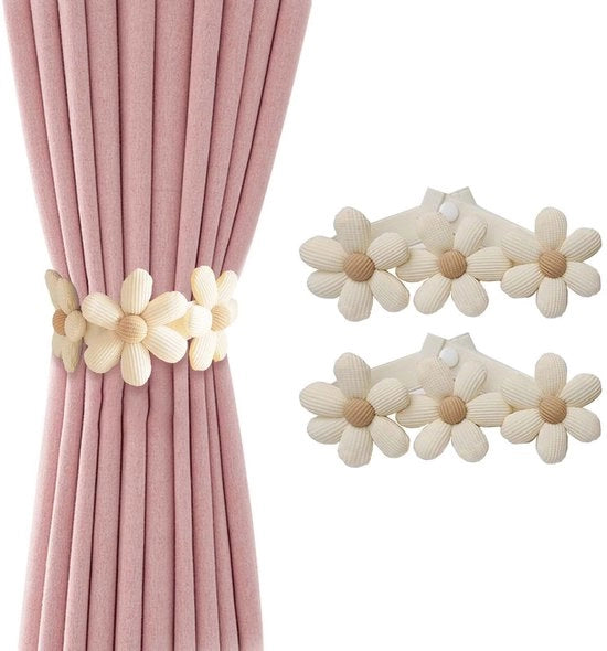 Due pezzi di corda elastica adattabile per tende con disegno di fiori, in cotone/lino senza fori.
