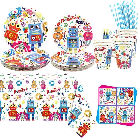 Decorazione di Festa per Compleanno - Robot - Piatti e Tazze - Tavola Coperta - Fazzoletti da Tavola - Coppe - Per Ragazzi/Ragazze - Incluso 20 Piatti da Pranzo - Set di Festa