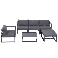 Set da Giardino 6 Pezzi con Divano da Giardino, in Alluminio e Poliestere, Piano del Tavolo in Vetro Temperato, con Cuscini, per 4-5 persone, Grigio
